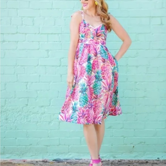 J.Crew Cotton Sleeveless Midi Dress Size 2T Ratti Pineapple Pink Tropical Preppy - Picture 1 of 13